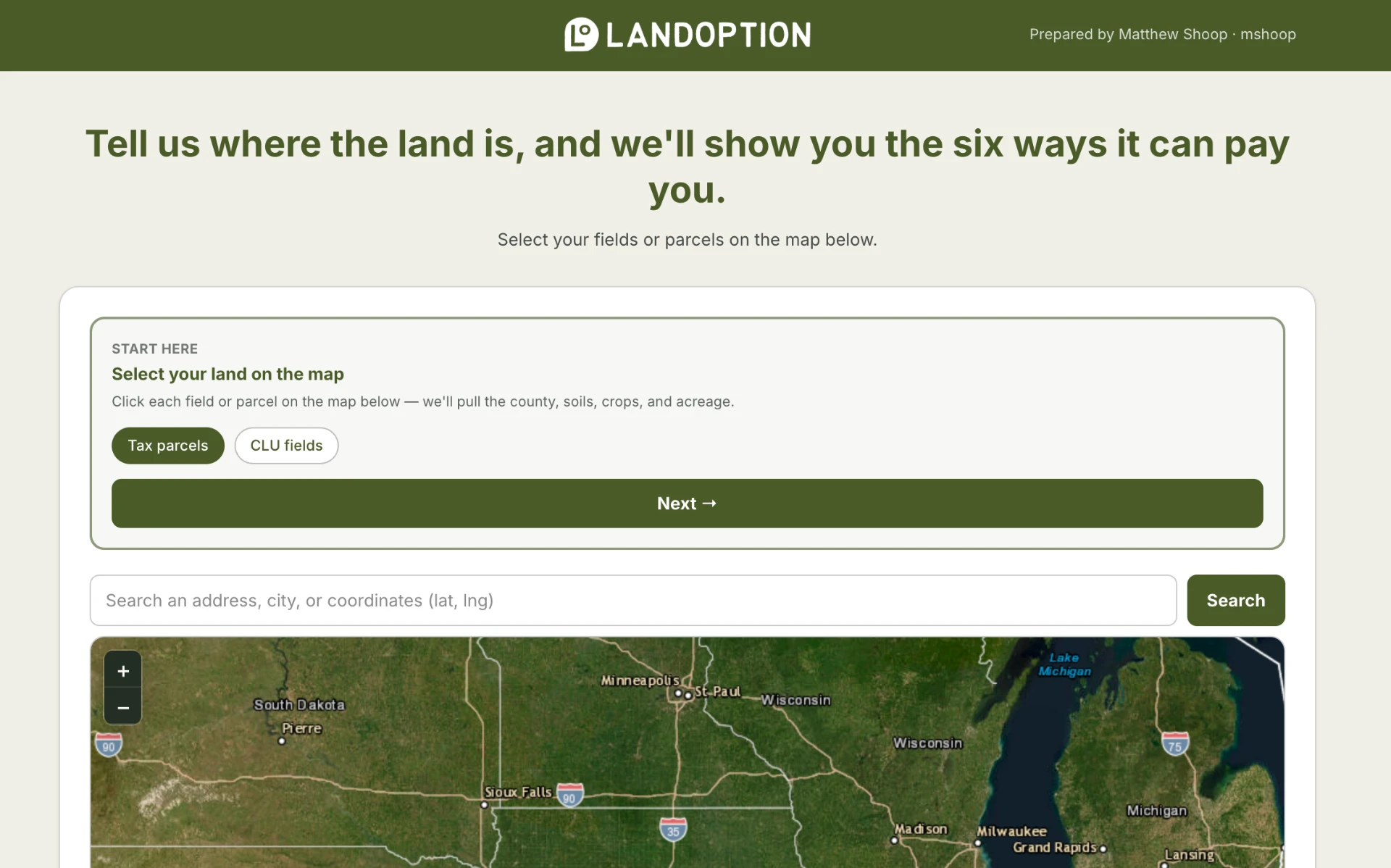 Landoption discovery tool: select your fields or parcels on the map