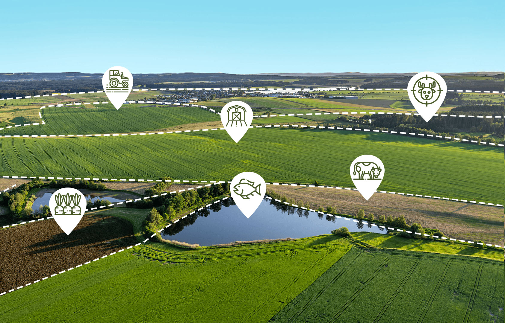 Aerial view of farmland with program icons showing land opportunities